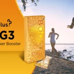 A young couple running on the beach with Nutrplus EDG3 in the frame