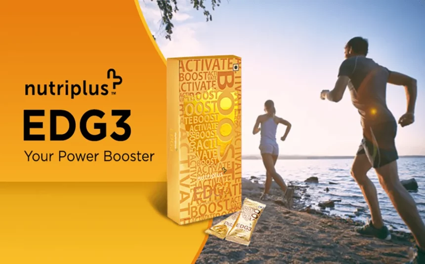 A young couple running on the beach with Nutrplus EDG3 in the frame