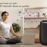 A young woman doing Yoga in front of SHARP Smart Air