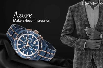 CHAIROS Azure watch with a stylish man in a suit in the background.