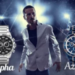 Movie star posing in front of the photographers paparazzi with two CHAIROS Watches for men CHAIROS Alpha and Azure in the frame