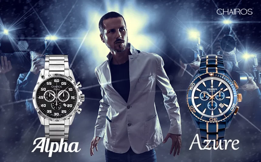 Movie star posing in front of the photographers paparazzi with two CHAIROS Watches for men CHAIROS Alpha and Azure in the frame