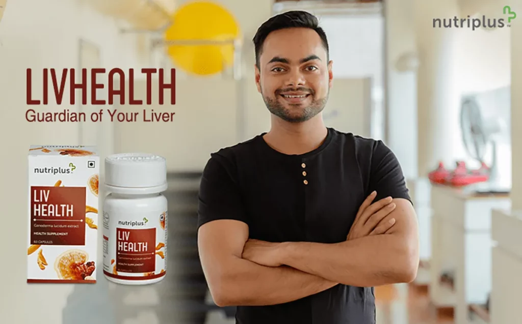 A happy man crossing his arms with Nutriplus LivHealth in the frame