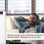 A young man breathing purified air with SHARP QNET ZENsational air purifier in the frame