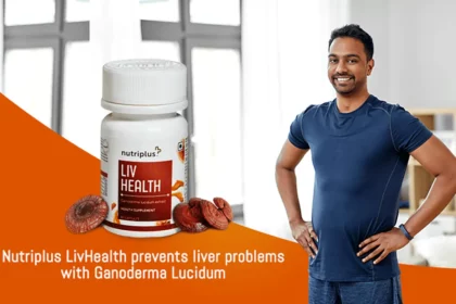 A young man smiling in an indoor setting with Ganoderma lucidum and Nutriplus LivHealth in the frame