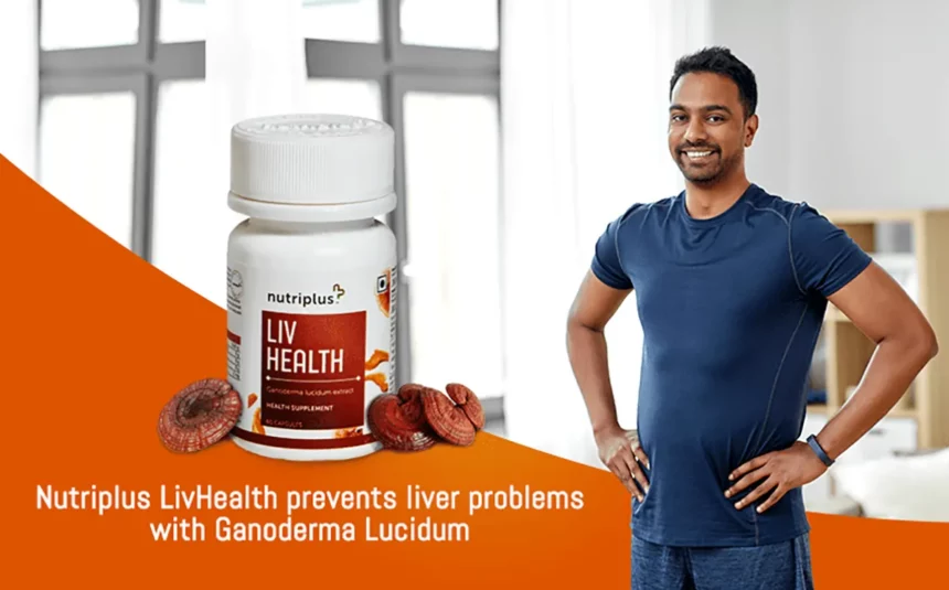A young man smiling in an indoor setting with Ganoderma lucidum and Nutriplus LivHealth in the frame
