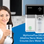 A young woman drinking water in her kitchen with MyHomePlus DELIGHT – Alkaline Nano Water Purifier in the frame