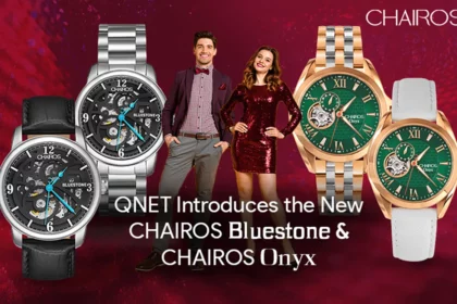 A young man and a woman standing next to each other with new luxury watches for men and women CHAIROS Bluestone and CHAIROS Onyx in the frame