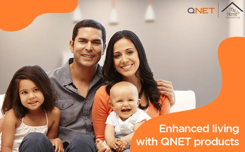 A happy family experiencing enhanced living with QNET products.