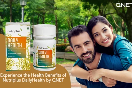A young couple in a park with QNETs Nutriplus DailyHealth in the frame