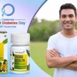 A young man standing outdoors on World Diabetes Day with Nutriplus DiabaHealth in the frame