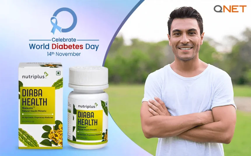 A young man standing outdoors on World Diabetes Day with Nutriplus DiabaHealth in the frame