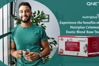 A young healthy man with Nutriplus Celesteal Exotic Blend Rose Tea in the frame
