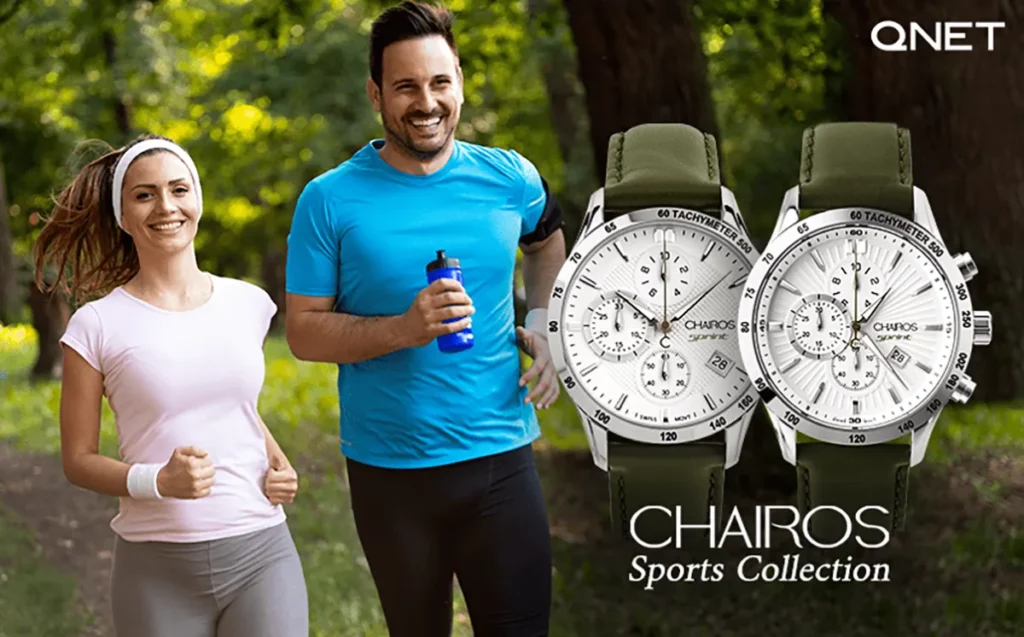 A young couple wearing activewear and jogging with CHAIROS Watches for men and women in the frame