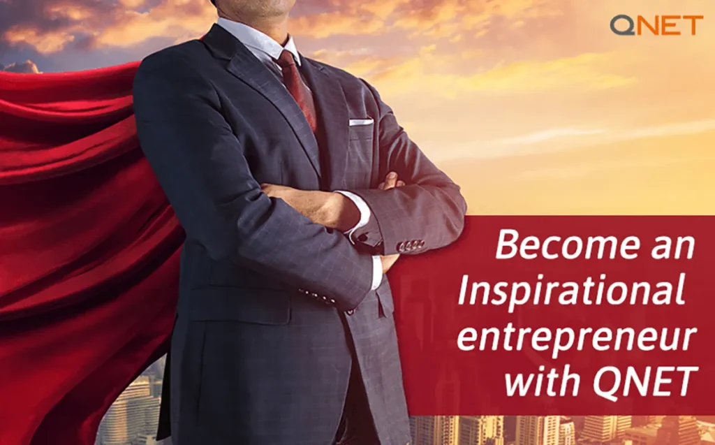A young qnet entrepreneur wearing a cape depicting an inspirational entrepreneur