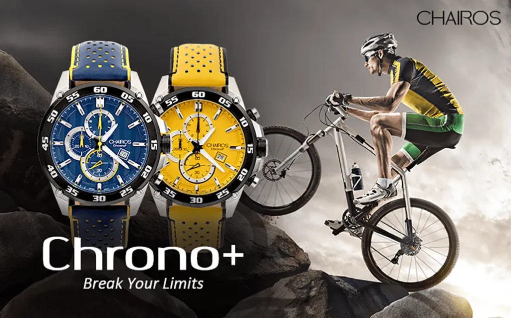 A young man on a sports bicycle crossing a tough terrain with CHAIROS Chrono+ in the frame