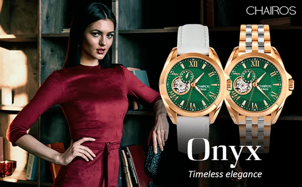 A young woman in a dress exploring formal watches with CHAIROS Onyx in the frame