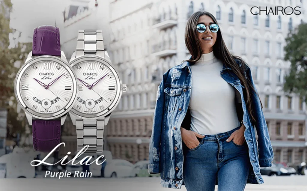 A young woman trying the New Year outfit ideas with casual watches and CHAIROS Lilac in the frame