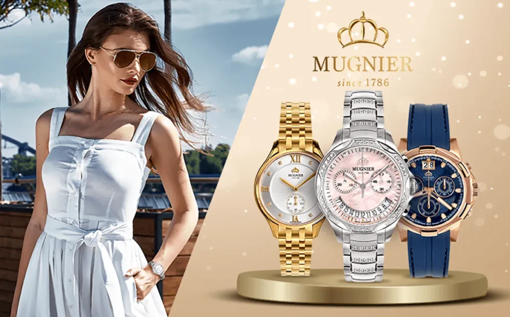 A young woman wearing a Mugnier watch with Mugnier luxury watches for women in the frame