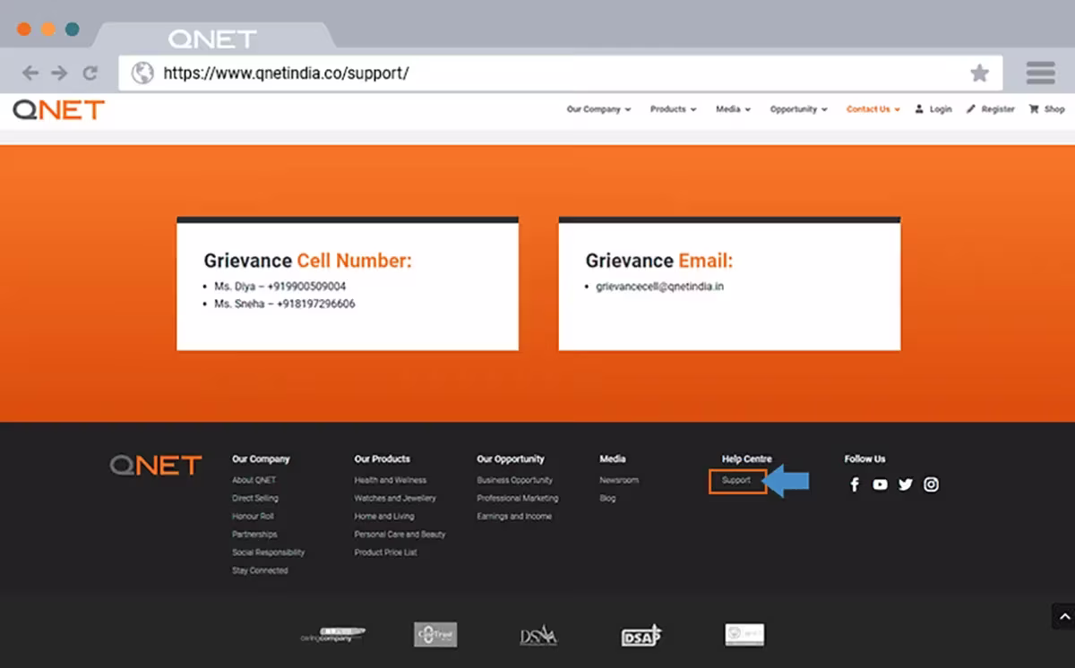 Accessing information about the QNET India Support Centre through the footer menu on its corporate website