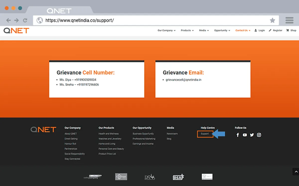 Accessing information about the QNET India Support Centre through the footer menu on its corporate website