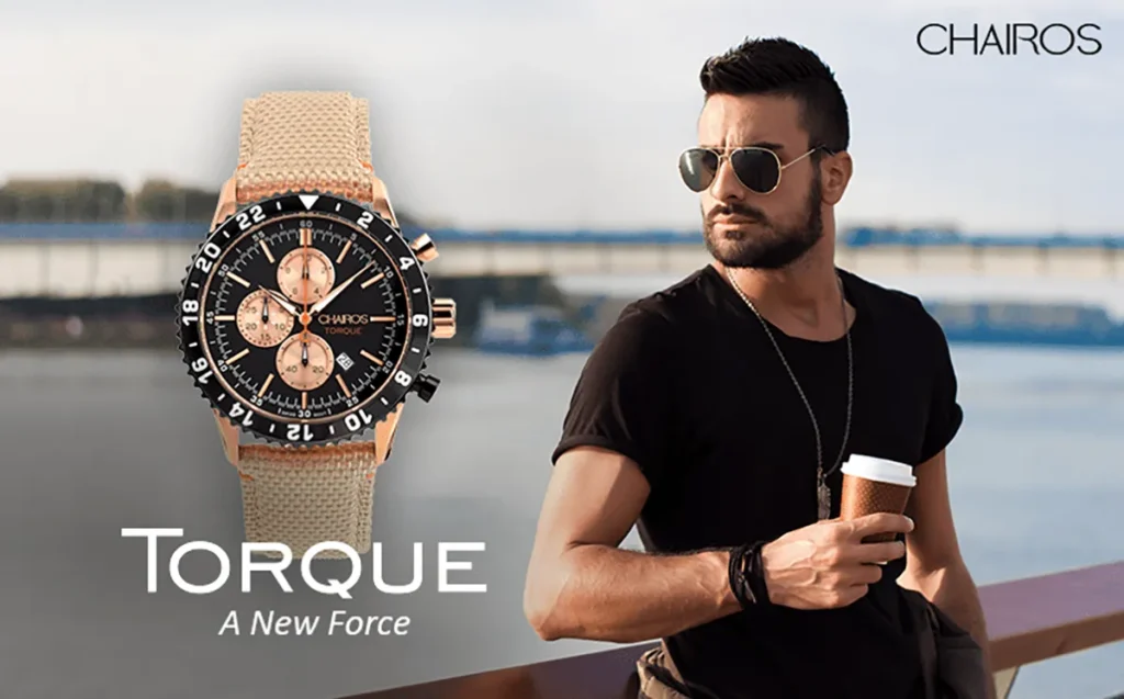 An Indian man sporting the CHAIROS Torque watch with a casual outfit outdoors