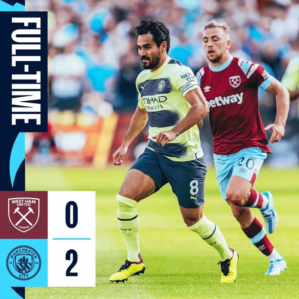 Full-time scoreline between Manchester City and West Ham United in the Premier League 2022/23 season
