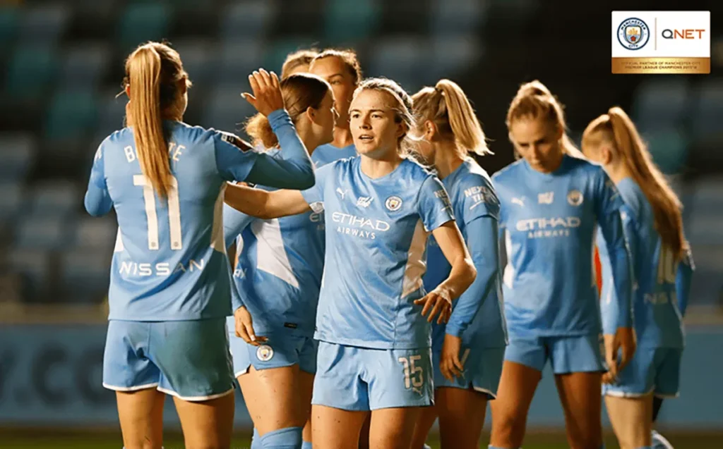 Manchester City Women’s Team celebrate a goal in the Women’s Super League