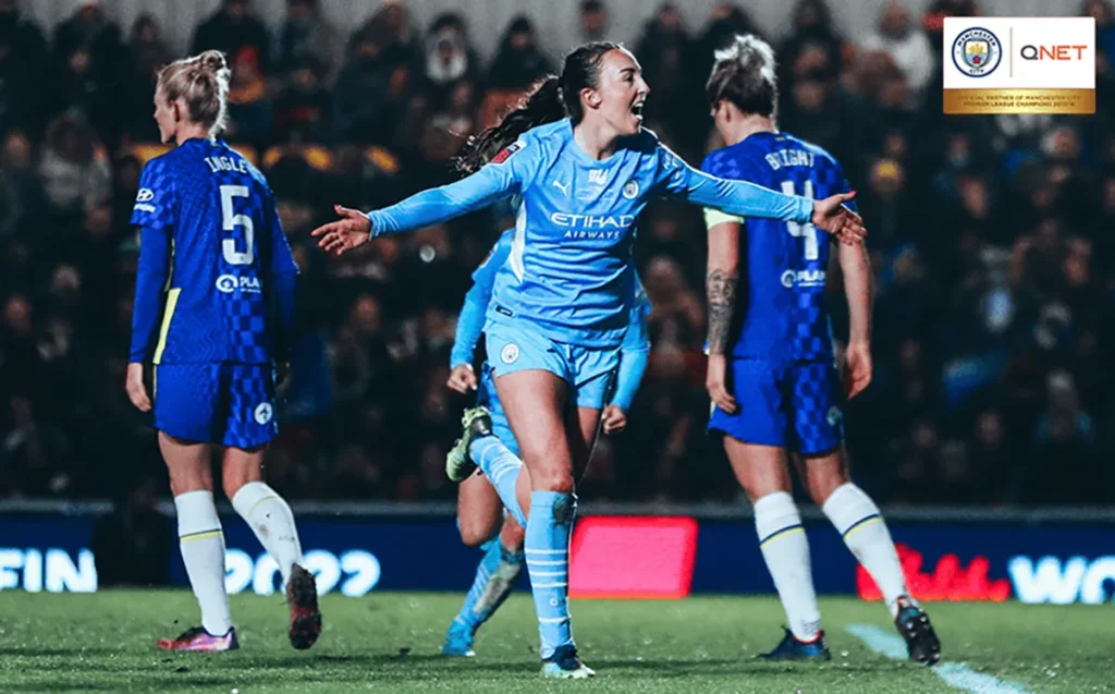 Manchester City Women’s Team player celebrating after scoring an important goal