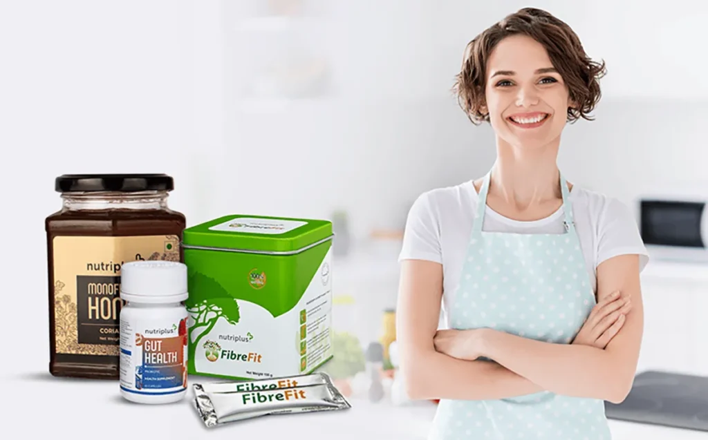 A young woman using Nutriplus probiotic supplements by QNET India