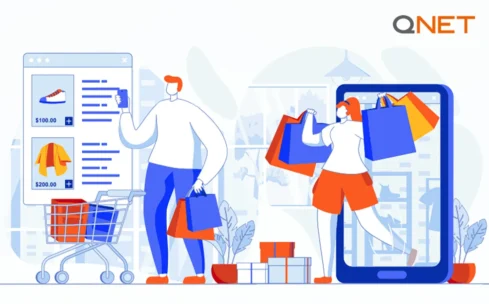 QNET direct selling infographic of 2 people shopping