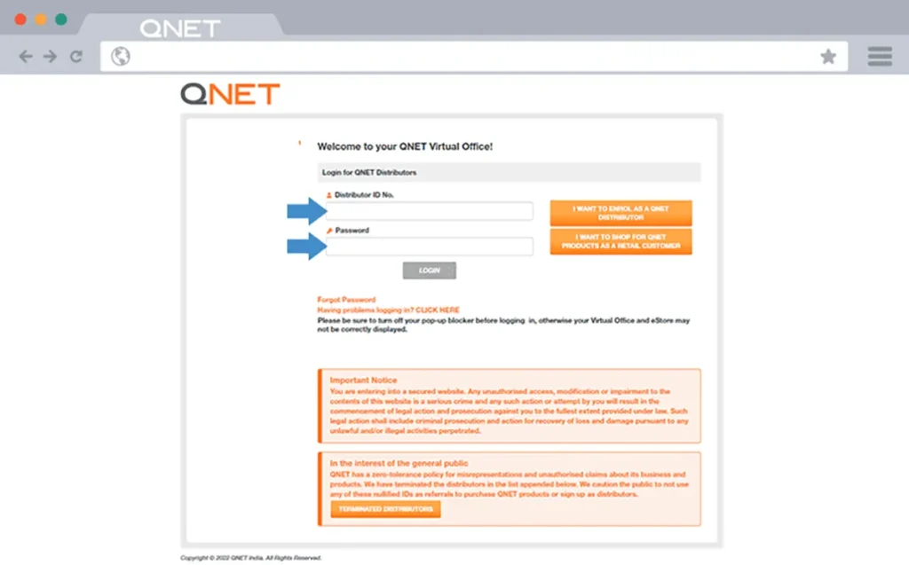 QNET India Virtual Office Login Page