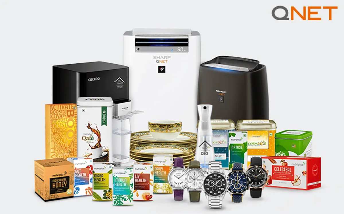QNET products on display on white background