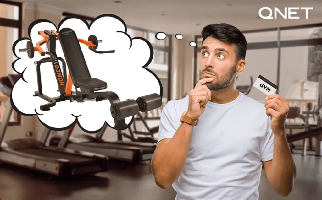 A man thinking about a mini home gym in a dialogue box