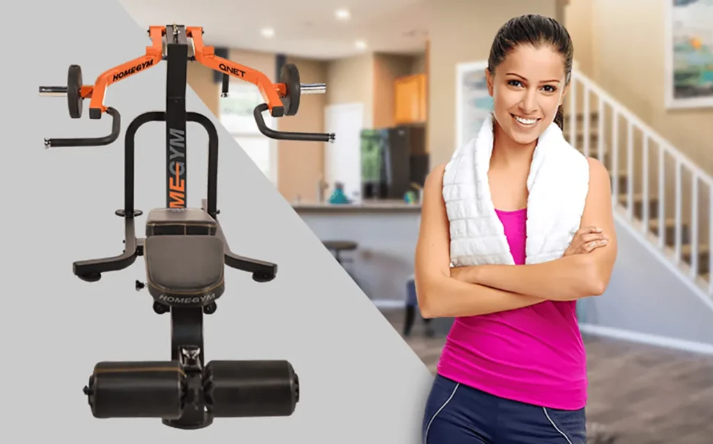 A young woman getting fit by using MyHomePlus Mini HomeGym by QNET India