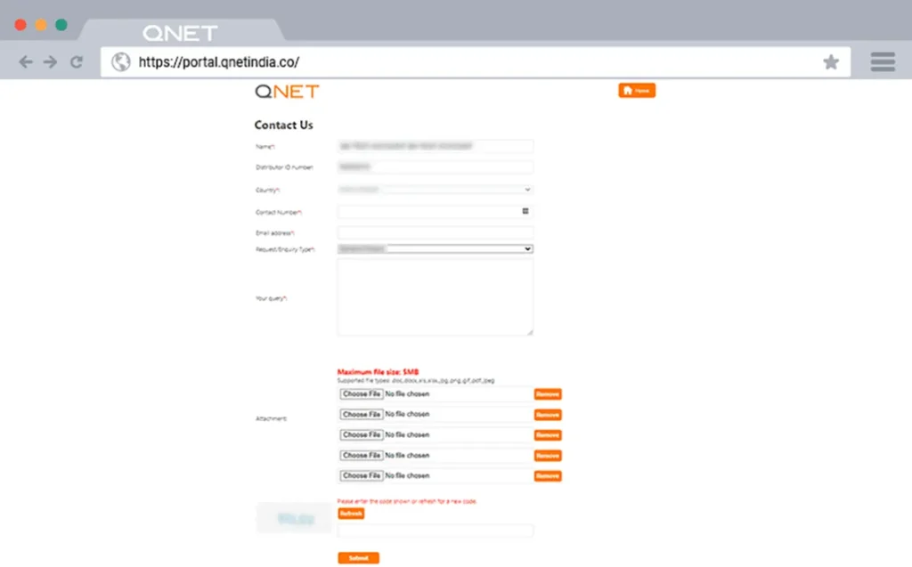 The ‘Contact’ form in the QNET Virtual Office