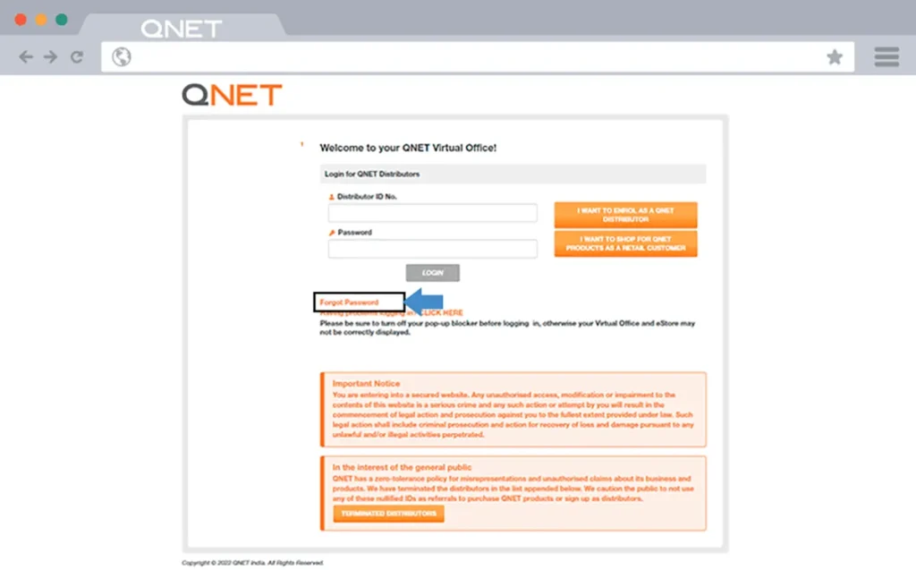 ‘Forgot password’ option on the QNET VO login page
