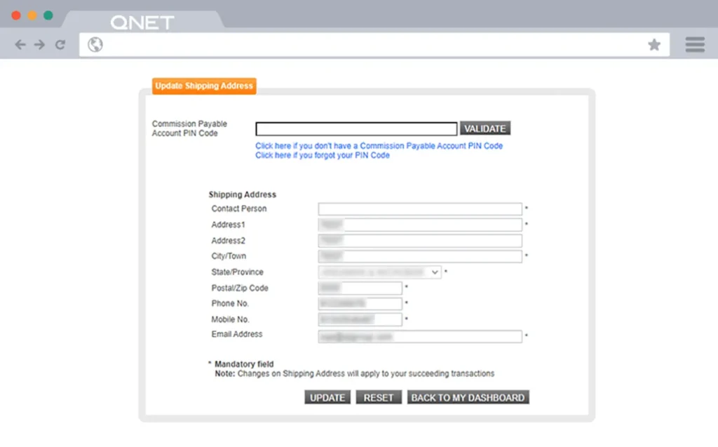 ‘Update Shipping Address’ Page in the QNET VO