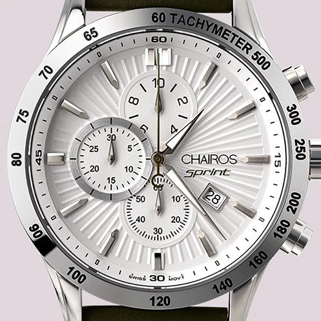 A close-up shot of the CHAIROS watch dial