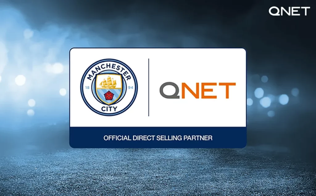 A depiction of Manchester City and QNET partnership and QNET as the official direct selling partner supporting them to win the premier league