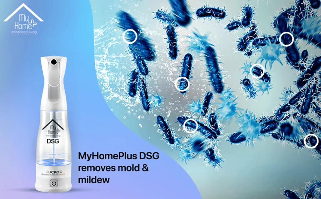 Mold and mildew being eliminated with MyHomePlus DSG disinfectant solution spray by QNET India