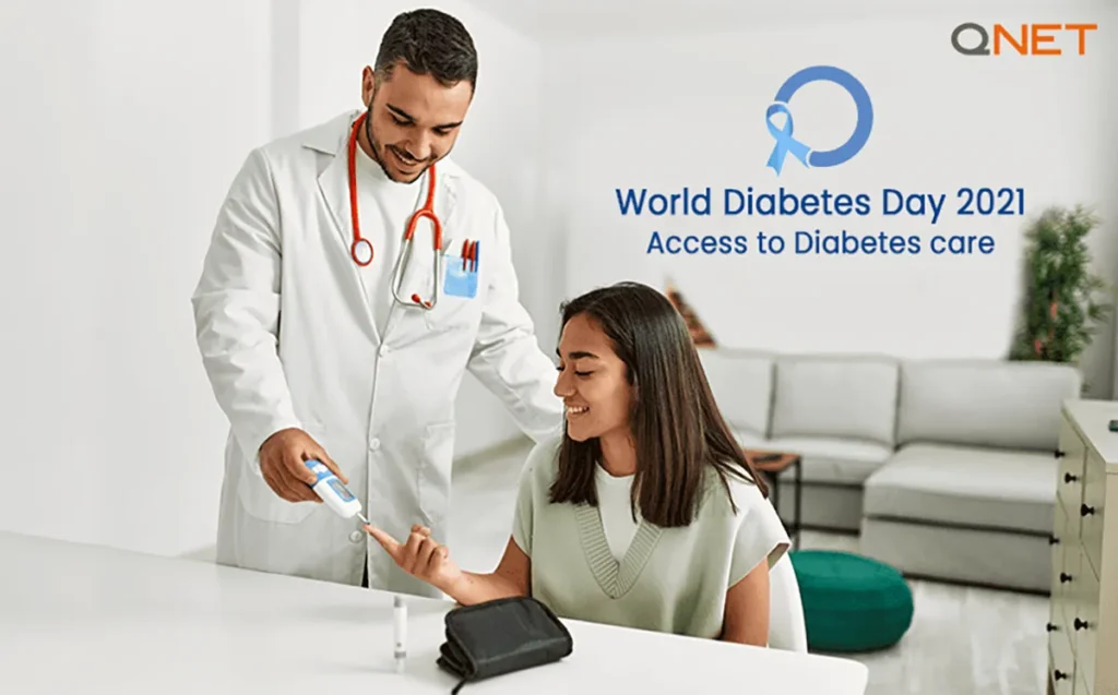 A doctor testing the blood sugar levels of a woman to ensure diabetes care on World Diabetes Day 2021