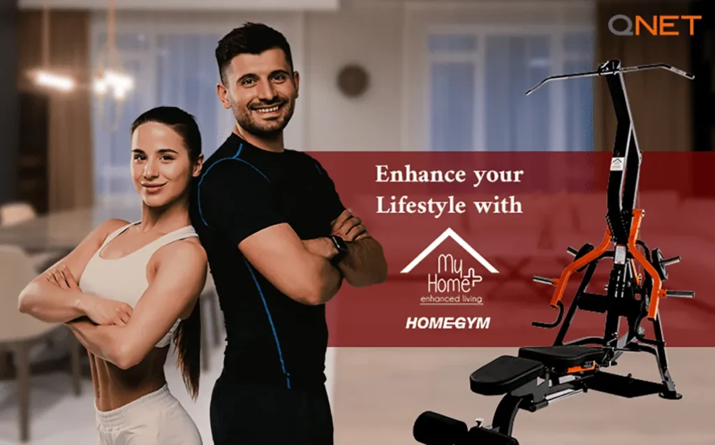 A happy couple working out at home with MyhomePlus HomeGym in the frame