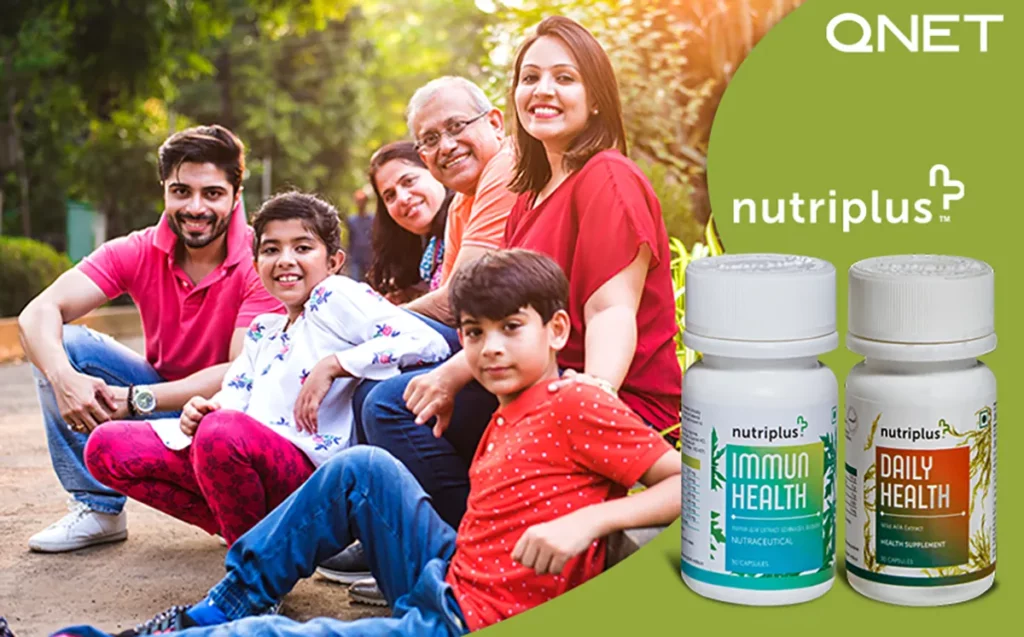 A happy family with Nutriplus DailyHealth and ImmunHealth in the frame.