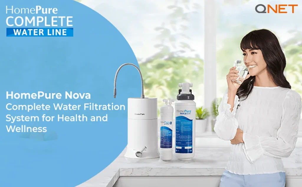 A happy woman at home with a glass of pure water with HomePure Nova Complete Water Filtration System in the frame