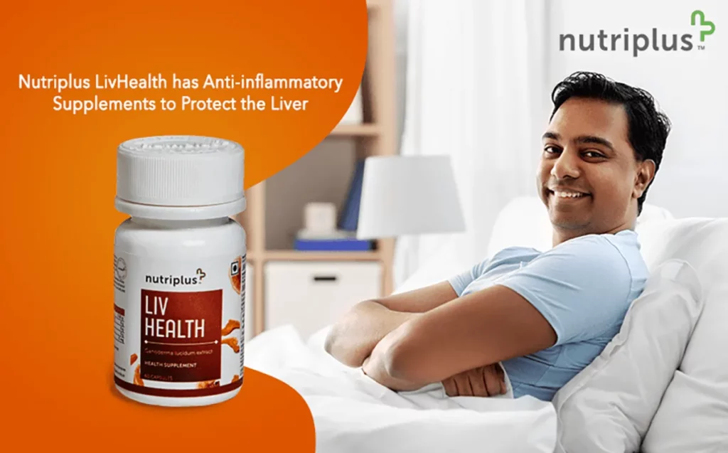 A young Indian man on the bed with a smile with Nutriplus LivHealth in the frame