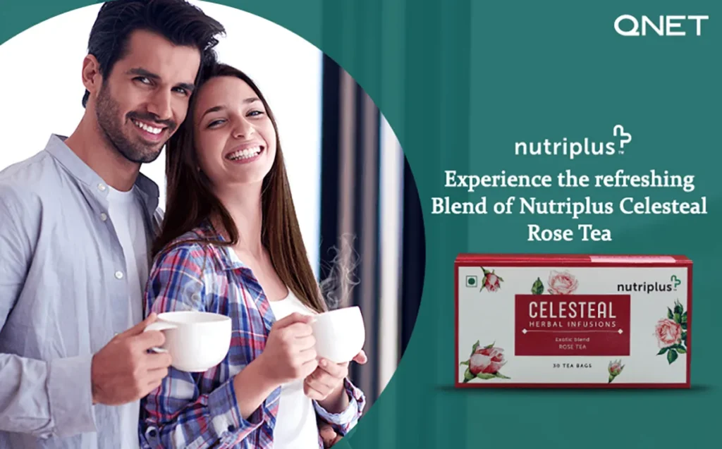 A young couple experiencing the benefits of rose tea at home with Nutriplus Celesteal Exotic Blend in the frame