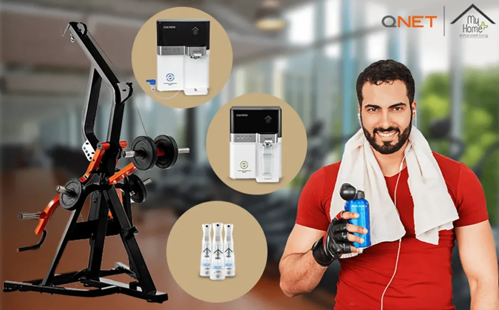 A young man at the gym with QNET India products, MyHomePlus products in the frame