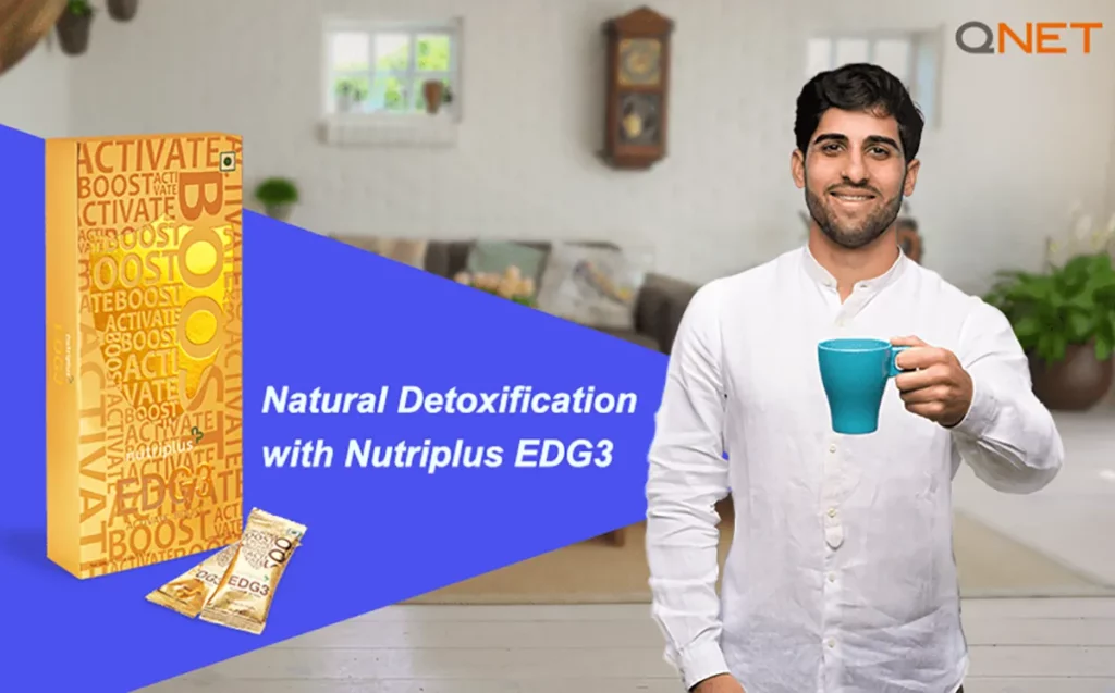 A young man holding a cup of Nutriplus EDG3 showing how to detox your body and boost energy levels