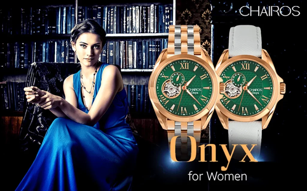A young woman in a blue dress with CHAIROS Onyx watch in the frame